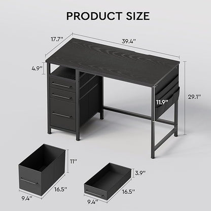 Ｍａｉｈａｉｌ Maihail Small Desk with Drawers, 40 inch Computer Desk with Shelves, Writing Desk with Storage, Small Office Desk with Metal Frame, Black