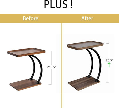 C Shaped 2tier Large Tray Wood top Heavy Duty Side end Table Large TV Tray for Couch Sofa Double Bent Tubes 2