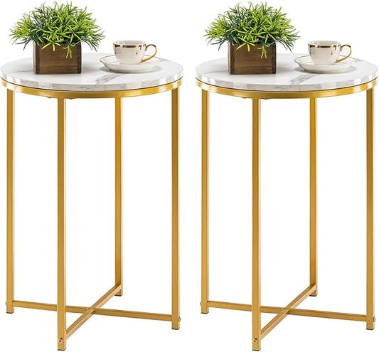 TECHMILLY Round End Table, Faux Marble Sofa Table, Accent Side Table with Metal Frame, Modern Gold Nightstand, Tall Coffee Table for Living Room, Bedroom-2 Packs