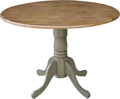 IC International Concepts, 42" Round Dual Drop Leaf Pedestal Dining Table, Solid Real Wood, Sturdy Parawood, Distressed Hickory/Stone
