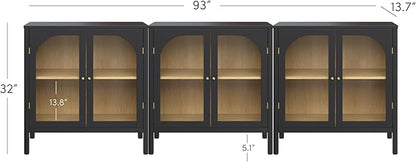 Nathan James Mason Storage Cabinet Accent Sideboard Buffet Credenza TV Stand with Glass Doors and Adjustable Shelf in Black Wood for Dining Room, Entryway and Living Room, Clear Glass/Black, Set of 3