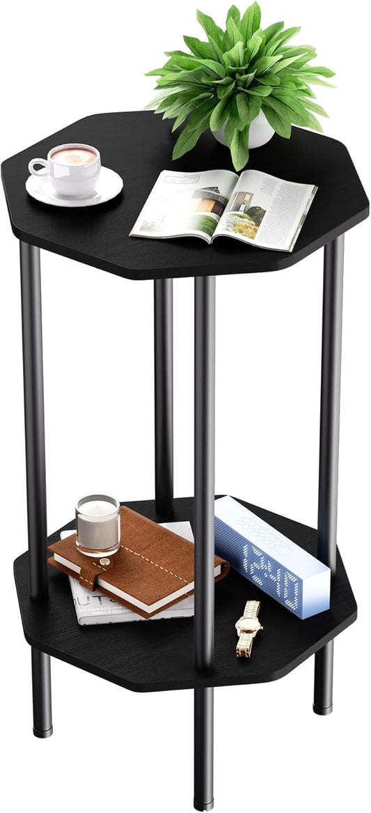 Side Table, Octagonal End Table for Small Spaces, Nightstand with 2 Storage Shelves, Small Table Stand for Bedroom, Living Room, Outdoor Balcony(Black)