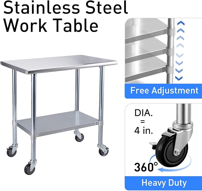 ROCKPOINT Stainless Steel Table for Prep & Work with Caster Wheels 24x72 Inches, NSF Metal Commercial Kitchen Heavy Duty Table with Adjustable Under Shelf and Table Foot for Restaurant, Home and Hotel