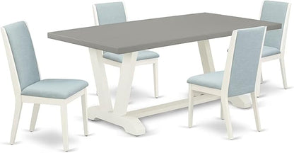 East West Furniture V097LA015-5 5 Piece Modern Dining Table Set Includes a Rectangle Wooden Table with V-Legs and 4 Baby Blue Linen Fabric Upholstered Chairs, 40x72 Inch, Multi-Color
