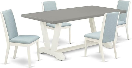 East West Furniture V097LA015-5 5 Piece Modern Dining Table Set Includes a Rectangle Wooden Table with V-Legs and 4 Baby Blue Linen Fabric Upholstered Chairs, 40x72 Inch, Multi-Color