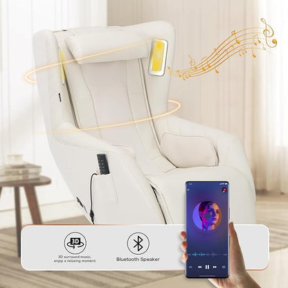 COLAMY Zero Gravity Massage Chair with 4-Zone Massage, Dual Lumbar Heat, Airbag Compression, 360° Swivel, Built-in Bluetooth Speakers & USB Charging, White
