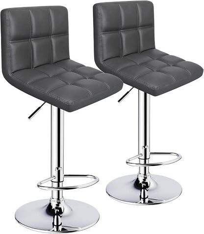 Bar Stools Set of 2, Armless Adjustable Swivel Barstools with Back, Double Needle PU Leather Counter Height Bar Stools for Kitchen Island, Grey