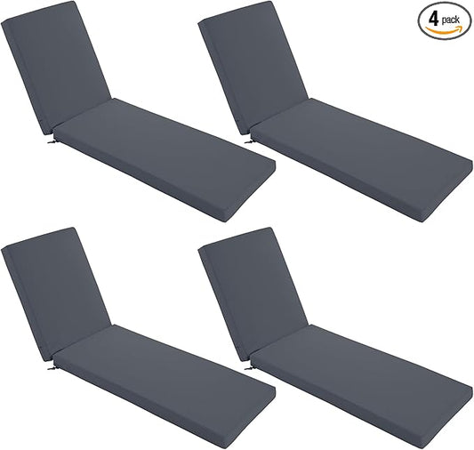 Chaise Lounge Cushions Outdoor Set of 4 - Waterproof and Fade Resistant Sun Lounger Replacement Cushions - Patio Lounger Pads with Removable Cover for Pool, Deck, 80 x 26 x 3 Inch, Dark Grey