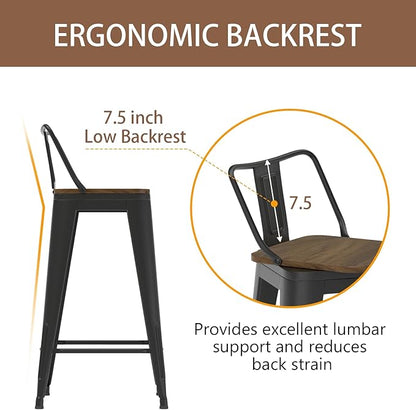 24 Inch Swivel Bar Stools Set of 4, Counter Height Bar Stools with Low Back, Metal Industrial Bar Chairs for Kitchen Island (Matte Black)
