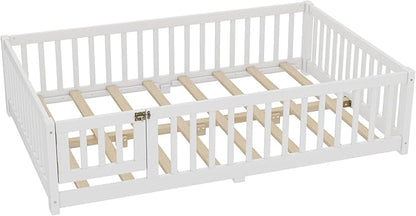 Bellemave Full Floor Bed with Slats and Safety Guardrails, Kids Montessori Floor Beds with Fence and Door, Easy Assemble Floor Bed for Kids, Girls, Boys, White