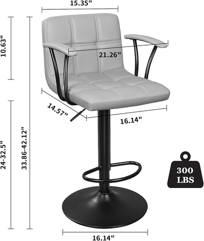Bar Stools Set of 2, Armrest Adjustable Swivel Barstools with Back, Double Needle PU Leather Counter Height Chairs for Kitchen lsland (Light Grey)