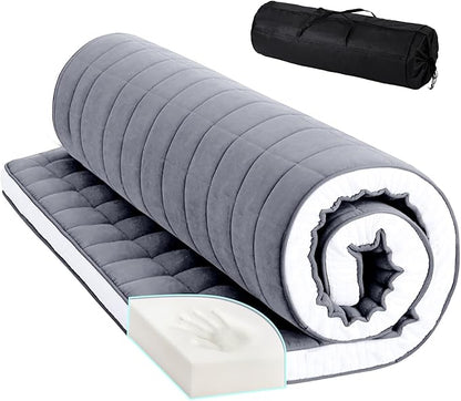 Tiita Japanese Floor Mattress Futon Mattress 4” Thick Folding Roll Up Sleeping Pad with Bag & Strap, Bed Topper Mat for Guest, Lounger and Tavel, Gray,Twin Size