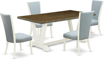East West Furniture V077VE215-5 5 Piece Dining Set Includes a Rectangle Dining Room Table with V-Legs and 4 Baby Blue Linen Fabric Upholstered Chairs, 40x72 Inch, Multi-Color