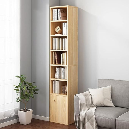 IOTXY Small Narrow Corner Bookcase - 71 Inches Tall Gap Freestanding Storage Cabinet, 7 Lattices Open Shelves Tower Rack with Door, Cubes Bookshelf in Oak