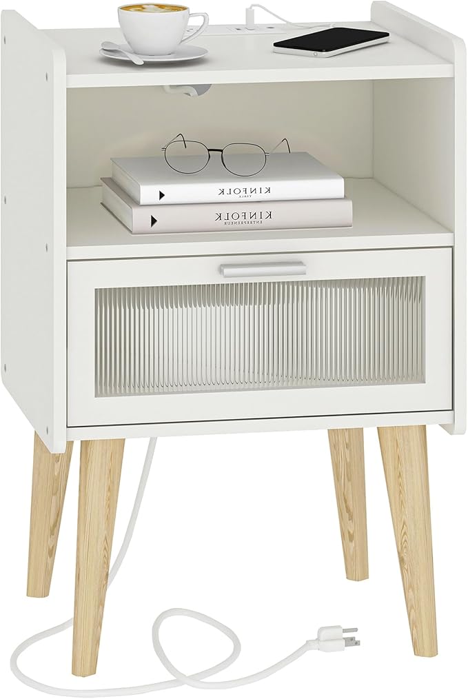 Nightstand with Charging Station, Bedside Tables with Glass Decorative Door, End Table Side Table with 2 Tiers Storage Space, for Bedroom, Living Room, White CAMLBZ07WE