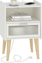 Nightstand with Charging Station, Bedside Tables with Glass Decorative Door, End Table Side Table with 2 Tiers Storage Space, for Bedroom, Living Room, White CAMLBZ07WE