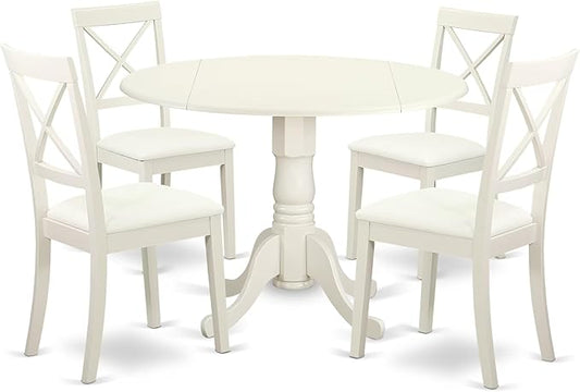 East West Furniture DLBO5-LWH-LC 5 Piece Dining Room Furniture Set Includes a Round Kitchen Table with Dropleaf and 4 Faux Leather Upholstered Dining Chairs, 42x42 Inch, Linen White