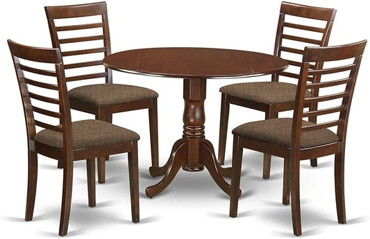 East West Furniture DLML5-MAH-C 5 Piece Dining Table Set for 4 Includes a Round Kitchen Table with Dropleaf and 4 Linen Fabric Upholstered Dinette Chairs, 42x42 Inch, Mahogany