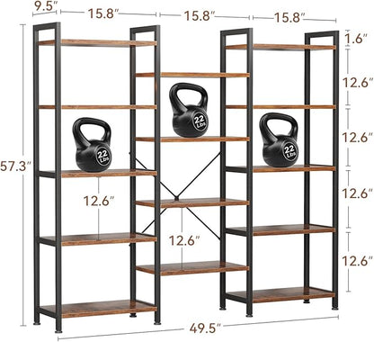 Casaottima Triple 5 Tier Bookshelf, Large Bookcase with 14 Open Display Shelves, Modern Industrial Book Shelves Book Case for Bedroom, Wide Standing Shelving Unit for Living Room Home Office, Vintage