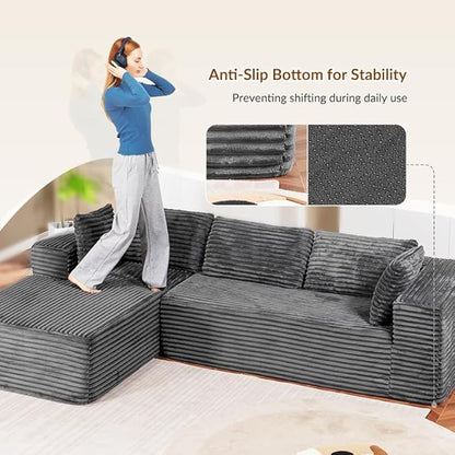 COMHOMA 105”Modular Sectional Sofa with Deep Seat,Cloud Upholstered L-Shape Couch Wide Arms Corduroy Fabric High-Density Foam Chaise Lounge for Living Room No Assembly Required