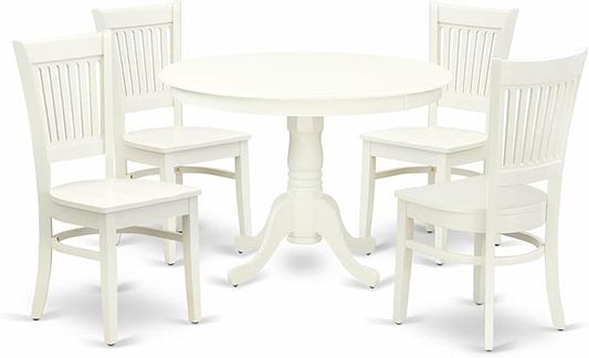 East West Furniture HLVA5-LWH-W 5 Piece Dining Room Furniture Set Includes a Round Kitchen Table with Pedestal and 4 Dining Chairs, 42x42 Inch, Linen White