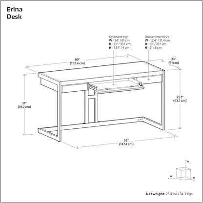 SIMPLIHOME Erina Desk - 60-Inch Wide Solid Acacia Wood and Metal Writing Desk in Distressed Charcoal Brown, Modern Industrial Home Office Computer Table for Study with 2 Drawers and Keyboard Tray