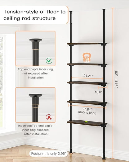 ALLZONE 5 Tiers Narrow Bookshelf, Tall Adjustable Ladder Book Shelf with Open Storage, Floor to Ceiling Tension Mount, Wooden Industrial Bookcase for Living Room, 92 to 116 Inch, Brown
