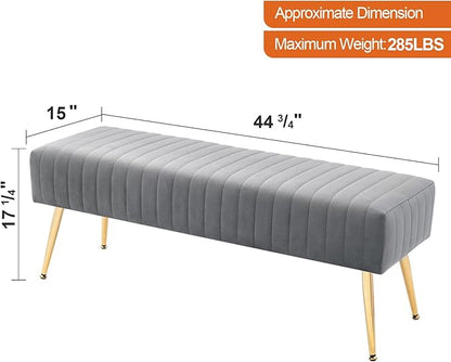 Furniliving 44 Inch Bedroom Benches, Upholstered Tufted Striped Fabric Ottoman Bench with X-Shaped Metal Legs for Living Room, Solid Wood Indoor Bench for Foyer (Grey)