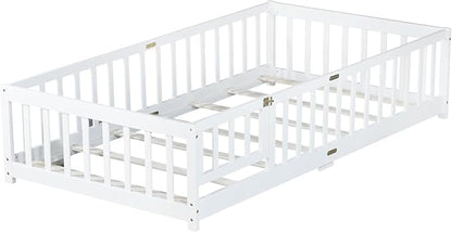 Twin Floor Bed with Slats and Center Support Bar, Wood Montessori Floor Bed with Fence and Door, Kids Montessori Bed Twin Size, Twin Size Montessori Floor Bed for Kids, Girls, Boys(Twin White)