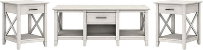 Bush Furniture Key West Coffee Table with Set of 2 End Tables in Linen White Oak