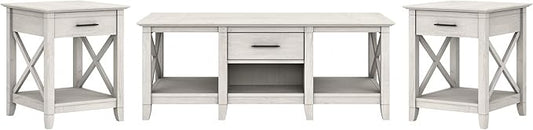 Bush Furniture Key West Coffee Table with Set of 2 End Tables in Linen White Oak