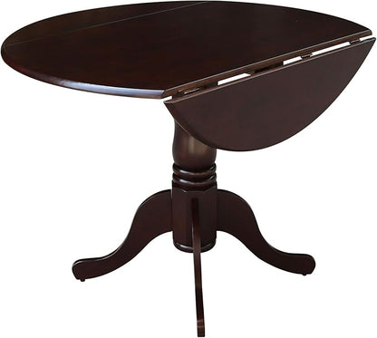 IC International Concepts, 42" Round Dual Drop Leaf Pedestal Dining Table, Solid Real Wood, Sturdy Parawood, Rich Mocha