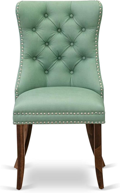 NEDA9-AWA-22 9-Piece Modern Dining Table Set Consists of a Kitchen Table and 8 Willow Green Polyester Dining Chairs with Button Tufted Back, 44x100 Inch, Antique Walnut