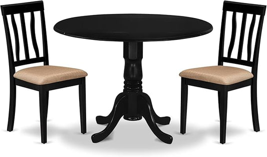 East West Furniture DLAN3-BLK-C 3 Piece Dining Table Set for Small Spaces Contains a Round Dining Room Table with Dropleaf and 2 Linen Fabric Upholstered Chairs, 42x42 Inch, Black