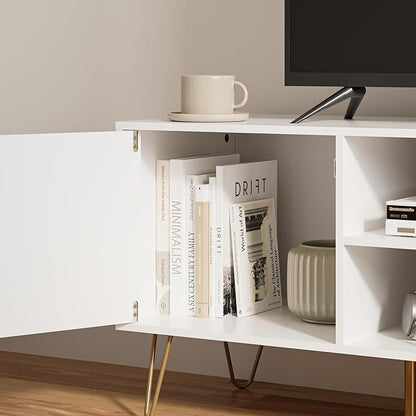 TV Stand for 55 65-inch TV, Entertainment Center with Soft Hinge Door,TV Console Table with 2 Cabinets with Gold Handle and Feet,for Living Room, Bedroom, White