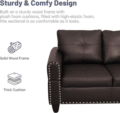 L Shaped Modular Sectional Sofa with Reversible Chaise Lounge, 5-Seater Corner Couch, PU Leather Convertible Sofá w/Movable Ottoman, Cup Holders, 2 Pillows and Rivet Ornament for Living Room