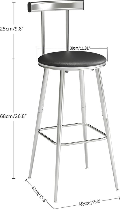 Bar Stools, Set of 2 High Kitchen Barstools, Bar Chairs with Backrest and Footrest, Industrial Counter Stools with PU Soft seat, for Kitchen, Living Room, Pub, Silvery BS-011SI