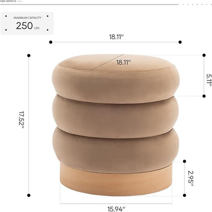 COLAMY Velvet Ottoman Footstool, Tufted Modern Foot Rest Stool with Wood Base for Living Room, Bedroom, Desk, Round Versatile Side End Table, Pouf, Makeup Seat, Camel