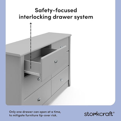 Storkcraft Crescent 6 Drawer Double Dresser (Pebble Gray) – GREENGUARD Gold Certified, Nursery Dresser for Kids Bedroom
