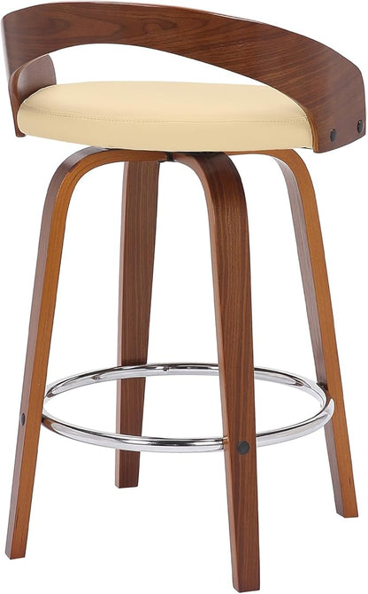 Armen Living Sonia 26" Counter Height Swivel Cream Faux Leather and Walnut Wood Bar Stool