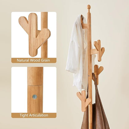 CozyDH Solid Wood Coat Rack Freestanding with Lockable 360° Rotary Casters, Coat Tree Stand with Umbrella Holder & Laundry Basket Storage & 12 Hooks, Natural