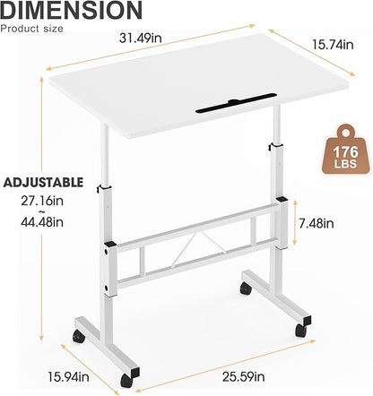 Klvied Small Standing Desk Adjustable Height, Mobile Table with Wheels, Portable Laptop Table, Standing Computer Desk for Walking Pad (White)