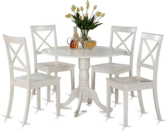 East West Furniture DLBO5-WHI-W 5 Piece Kitchen Table Set for 4 Includes a Round Dining Room Table with Dropleaf and 4 Solid Wood Seat Chairs, 42x42 Inch, Linen White
