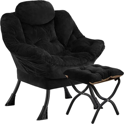Lazy Chair with Folding Ottoman,Leisure Sofa Chair,Soft Fabric Armchair with Armrests and Side Pockets, Reading Chair with Footrest for Living Room, Bedroom, Office (Plush Black)