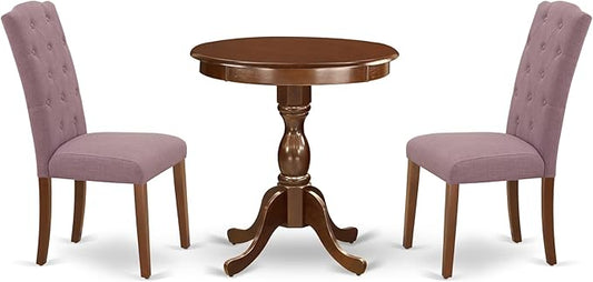 East West Furniture ESCE3-MAH-10 3 Piece Kitchen Table Set Contains a Round Dining Room Table with Pedestal and 2 Dahlia Linen Fabric Parsons Dining Chairs, 30x30 Inch, Mahogany