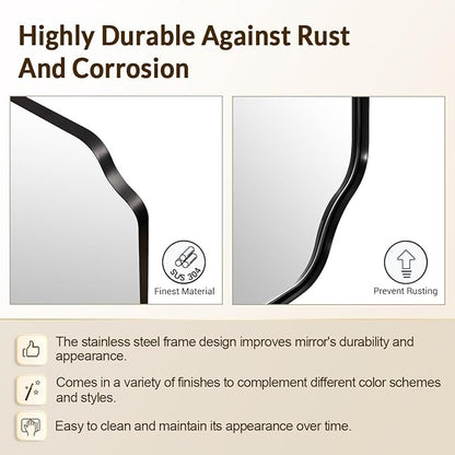 Black Wall Mirror, 24"x36" Black Scalloped Mirror, Unique Curved Edge Design, Anti-Rust SUS304 Frame, Hangs Vertical or Horizontal