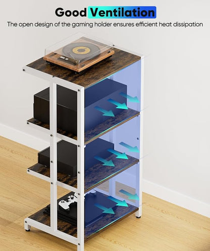 4-Tier Wooden Media Stand, AV Media Stand Corner Shelf for TV Accessories/Audiovisual Equipment/Optical Disc/PS4, Audio Storage Rack for Living Room, Gaming Room, Music Studio, White