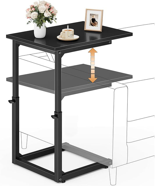 Vagusicc C Shaped End Table, 33" Tall Couch Table Adjustable Height Side Table, Sofa Table That Slide Under, C Table End Table TV Tray Coffee Arm Table for Living Room, Bedroom, Small Spaces, Black