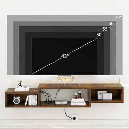 IBUYKE 59" Floating TV Stand Wall Mounted with Power Outlet,Wood Wall Mounted Media Console Shelf,Floating Entertainment Center for Under TV Storage for Living Room Bedroom Office,Rustic Brown WST007H