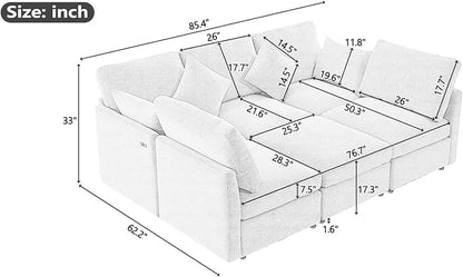 Ball & Cast Oversize Modular Sectional Sofa,85.4" 5-Seater Couch with USB Ports and 9 Pillows,Chenille Upholstered Convertible Sleeper Sofabed w/Movable Ottoman,for Living Room,Grey